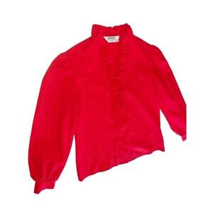 Vintage Retro 70s Jonquil Red Ruffle Button Up Blouse Size 12 Judy Bond